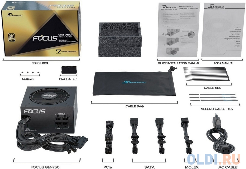 FOCUS GM-750 SSR-750FM APFC 0.99; Модульный МВ(20+4), 1xCPU(4+4),4xPCI-E(6+2),8xSATA,3xMolex;Fan 120мм, S2FC ;КПД&gt;87%;100-240В,50-60Гц;Защиты O в Москвe