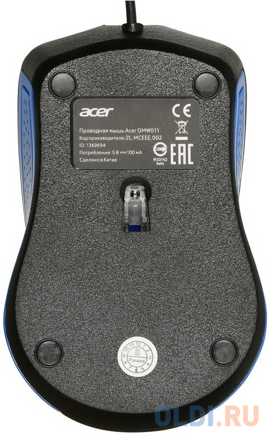 Мышь Acer OMW011 черный/синий оптическая (1200dpi) USB (3but)