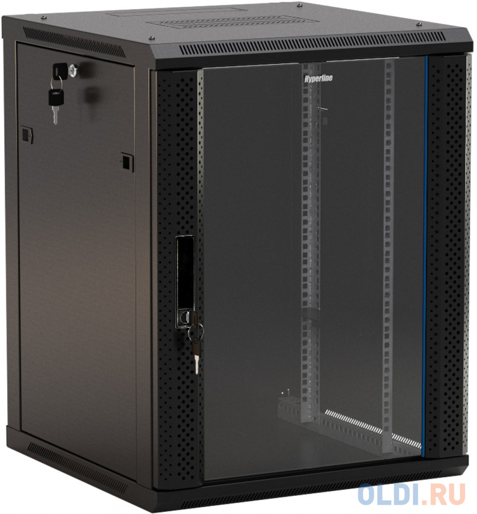 Hyperline TWB-0945-GP-RAL9004 Шкаф настенный 19-дюймовый (19&quot;), 9U, 500x 600х 450мм, стеклянная дверь с перфорацией по бокам, ручка с замком, цве