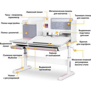 Детский стол Mealux Winnipeg multicolor WG+PN (BD-630 WG+PN Multicolor) столешница белая/ножки белые накладки белые+розовые