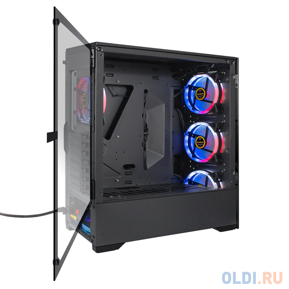 Корпус Miditower ExeGate i3 MAX-EVO800 (eATX, EVO800RGB 12см, 2*USB+1*USB3.0, HD аудио, черный, 4 вент. 12см с RGB подсветкой, контроллер + ПДУ, ARGB