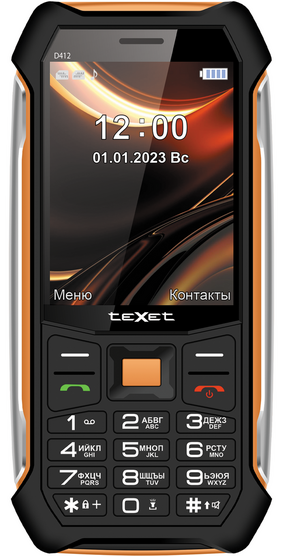 Мобильный телефон teXet TM-D412, 3.2" 320x240 QVGA, 32Mb RAM, 32Mb, 2-Sim, 2500 мА·ч, USB Type-C, черный/оранжевый (TM-D412)