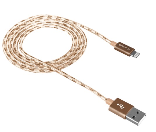 Кабель Canyon, USB - Lightning 8-pin, оплетка нейлон, 1м, Золотистый CNE-CFI3GO
