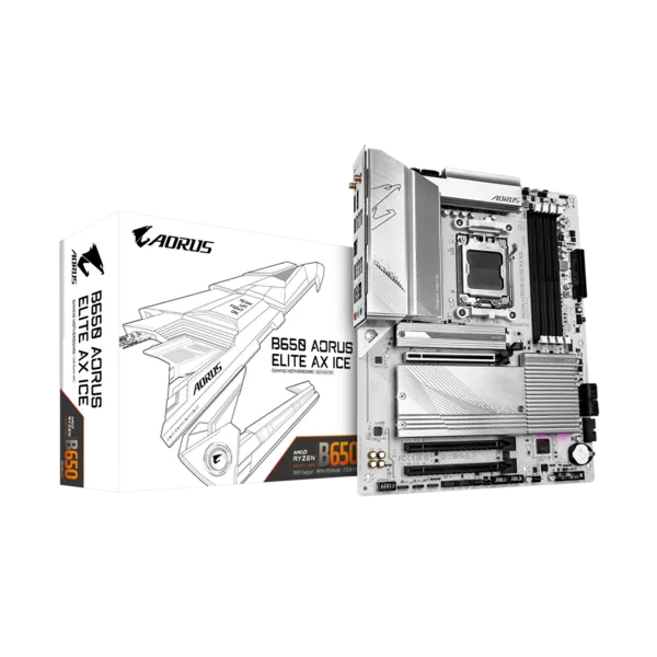 Материнская плата GIGABYTE B650 AORUS ELITE AX ICE, AM5, AMD B650, 4xDDR5 DIMM, 2PCI-Ex16, 4SATA3, 7.1-ch, 2.5GLAN, 9 USB 3.2, 2 USB Type-C, HDMI, DP, ATX, Retail