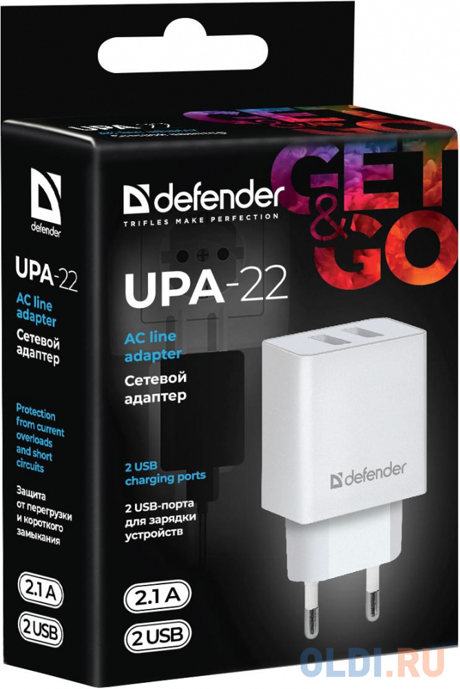 Сетевой адаптер Defender UPA-22 белый, 2xUSB, 2.1А