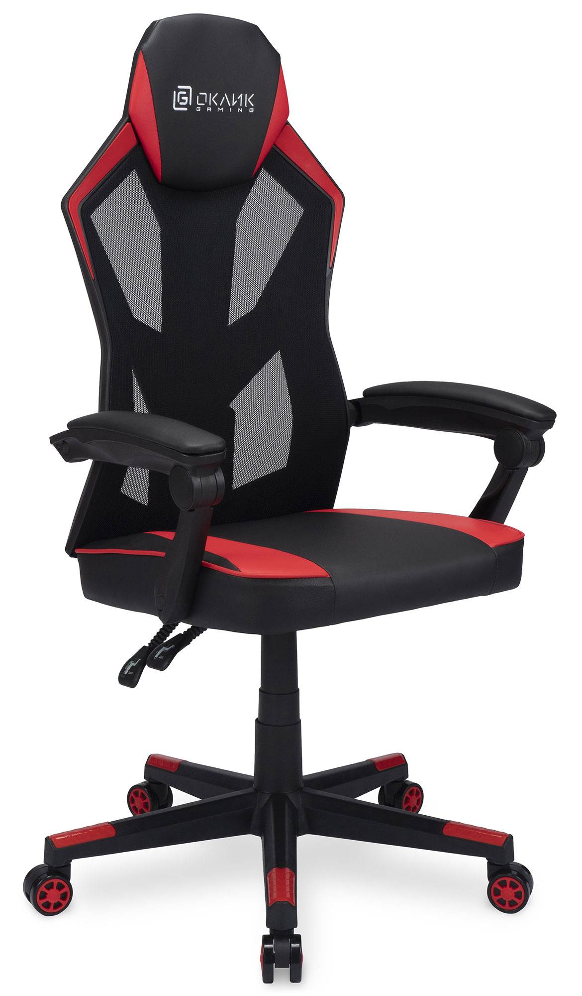 Кресло игровое Оклик 121G, обивка: искусственная кожа/сетка, цвет: черный/красный/черный/красный