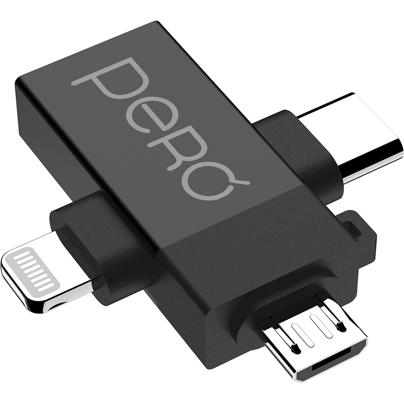 Аксессуар Pero AD14 OTG USB 3.0 - Lightning + USB-C + MicroUSB Black PRAD14BL в Москвe