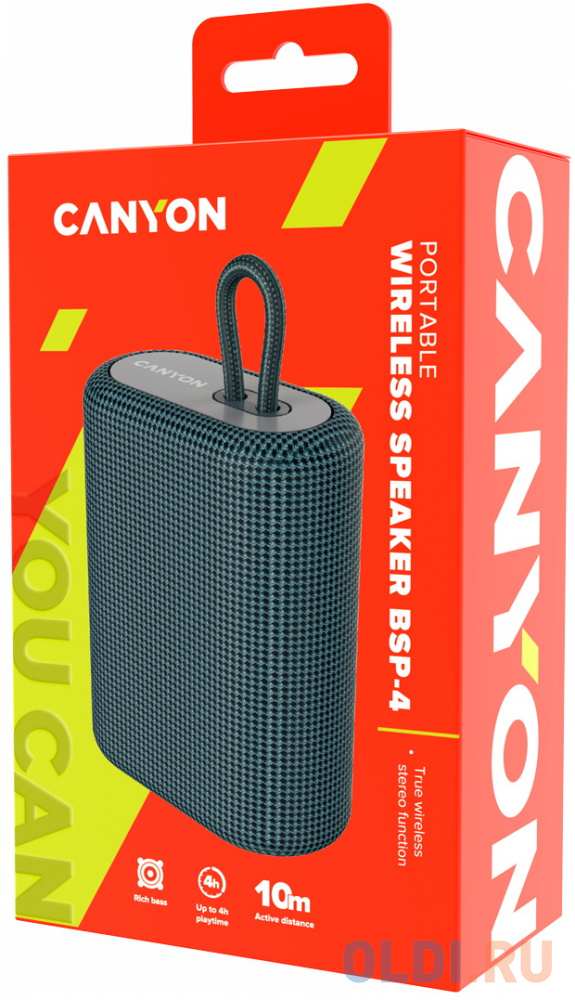 Canyon BSP-4 Bluetooth Speaker, BT V5.0, BLUETRUM AB5365A, TF card support, Type-C USB port, 1200mAh polymer battery, Dark grey, cable length 0.42m, 1