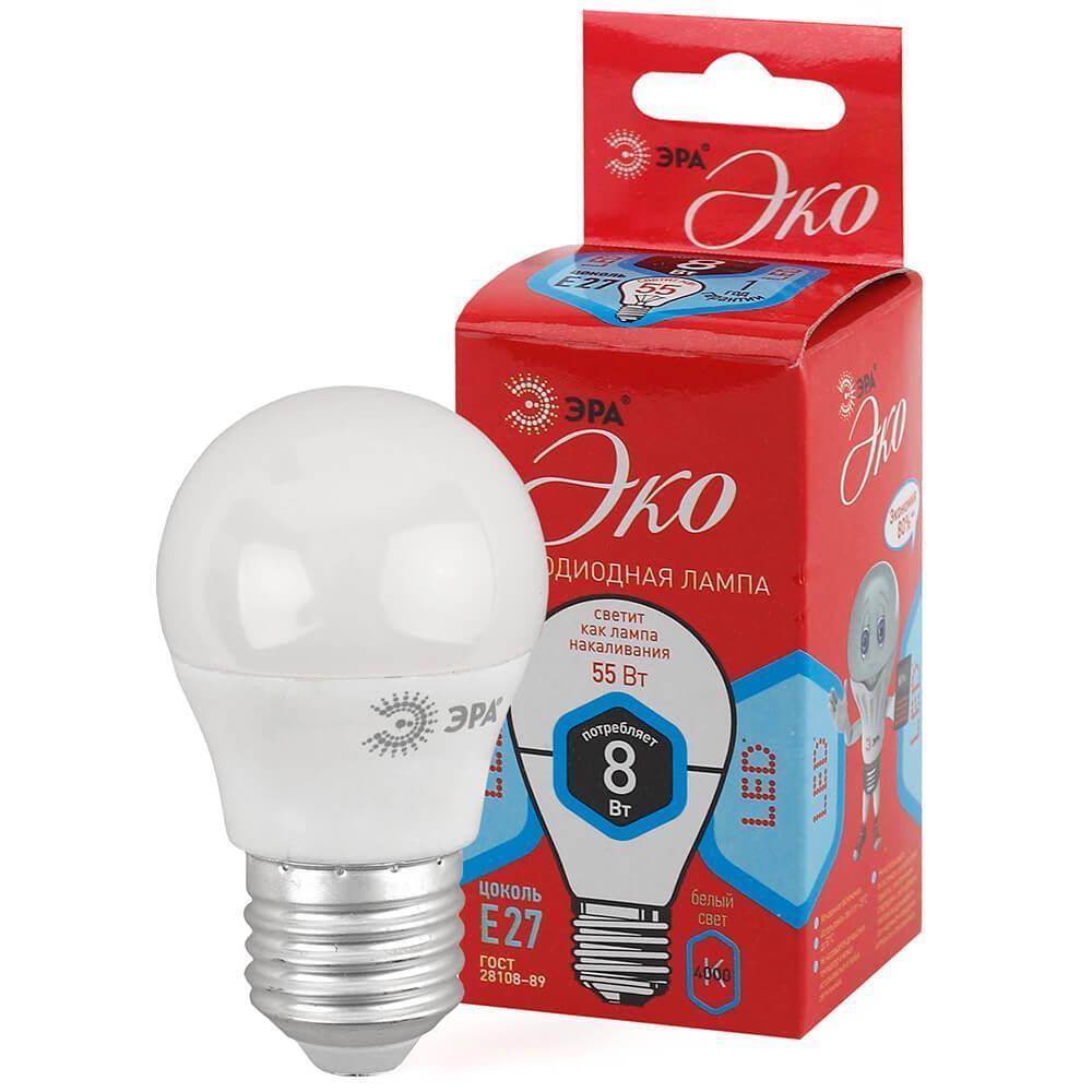 Лампа светодиодная E27 цилиндрическая/P45, 8Вт, 4000K / белый, 640лм, ЭРА LED P45-8W-840-E27 R (Б0049645)