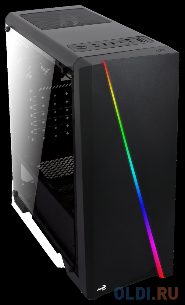 Корпус Aerocool [PGS-V] Cylon Black, ATX, без БП, RGB подсветка, окно, картридер, 1x USB 3.0 + 2x USB 2.0, 1х12см вентилятор в комплекте