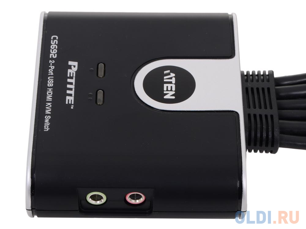 Переключатель KVM ATEN (CS692-AT) KVM+Audio,  1 user USB+HDMI =>  2 cpu USB+HDMI, со встр.шнурами USB+Audio 2x1.2м., 1920x1200, настол., исп.станда