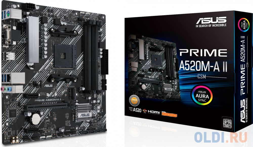 ASUS PRIME A520M-A II/CSM, Socket AM4, A520, 4*DDR4,  D-Sub+DP+HDMI, SATA3 + RAID, Audio, Gb LAN, USB 3.2*5, USB 2.0*4, COM*1 header (w/o cable), mATX в Москвe