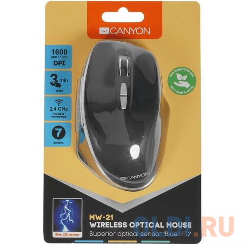 Canyon  2.4 GHz  Wireless mouse ,with 7 buttons, DPI 800/1200/1600, Battery: AAA*2pcs,Black,72*117*41mm, 0.075kg в Москвe