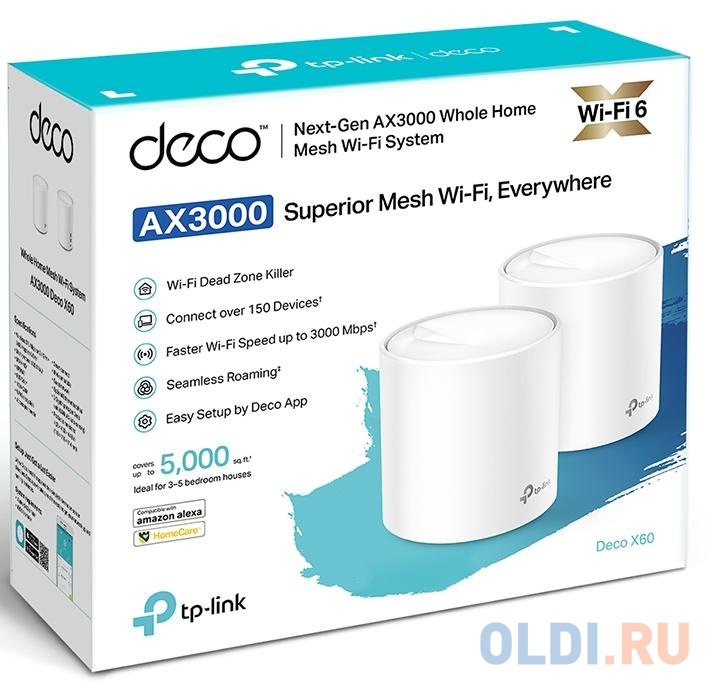 Wi-Fi система TP-LINK Deco X60(2-Pack) 802.11ax 2976Mbps 2.4 ГГц 5 ГГц 1xLAN белый в Москвe