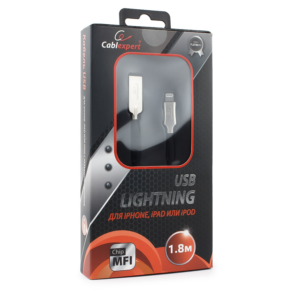 Кабель USB2.0(Am)-Lightning 8-pin, Cablexpert, 1.8m, черный, серия Platinum, блистер (CC-P-APUSB02Bk-1.8M)