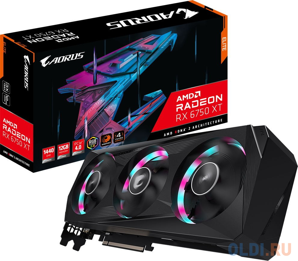 Видеокарта GigaByte Radeon RX 6750 XT AORUS ELITE 12GD 12288Mb GV-R675XTAORUS E-12GD