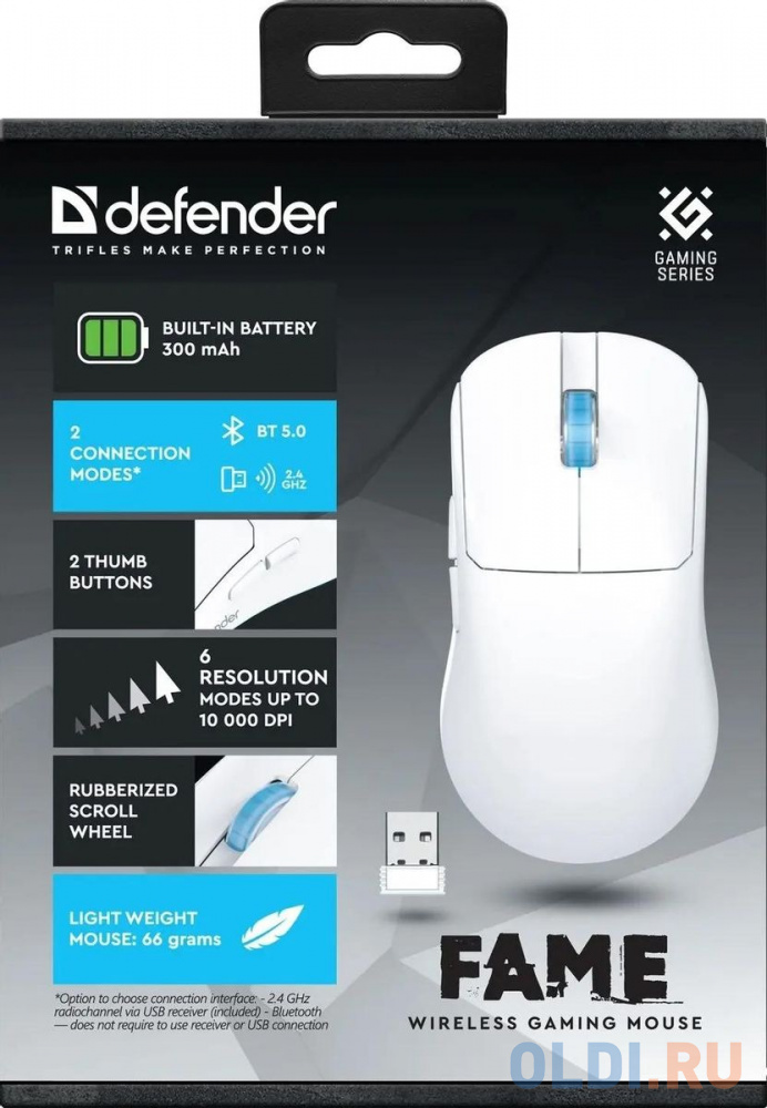 Беспроводная игровая мышь DEFENDER FAME белая (USB, 2.4 ГГц, Bluetooth, 6 кн., 300 мАч, 10000 dpi, GM-516) в Москвe