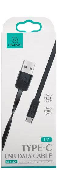 Дата-Кабель USAMS-U2 USB - Type-C, плоский, черный (SJ200TC01)