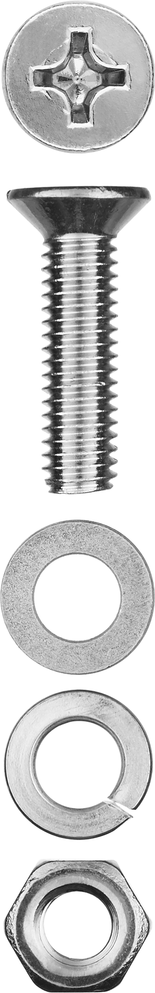 Винт (DIN965) с потайной головкой в комплекте с гайкой (DIN934), шайбой (DIN125), шайбой пруж. (DIN127) Зубр 303456-06-030, М6, 3 см, 965 DIN, 6 мм, оцинкованная сталь, 10 шт., фасовка (303456-06-030)