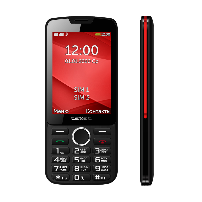 Мобильный телефон teXet TM-308, 3.2" 320x240 TFT, BT, 1xCam, 2-Sim, 1200 мА·ч, micro-USB, черный/красный