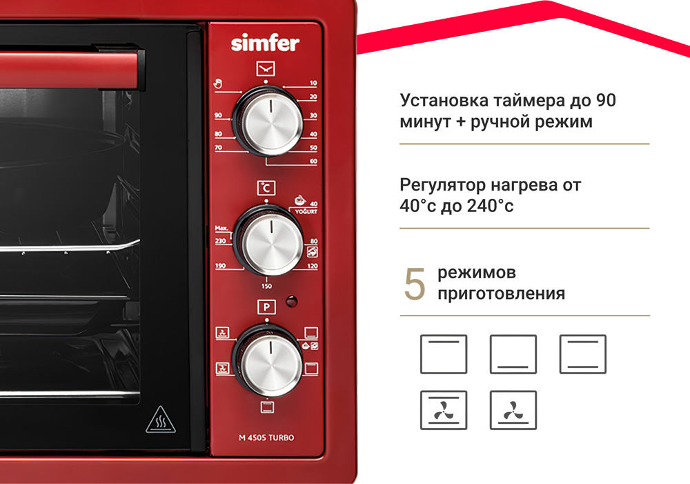 Мини-печь Simfer M4505 серия Albeni Plus Comfort, 5 режимов работы, конвекция в Москвe