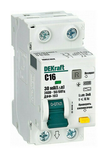 Выключатель автоматический дифференциального тока DEKraft ДИФ-103 16052DEK, 1P+N, C, 16А, AC/30мА, электронный (16052DEK)