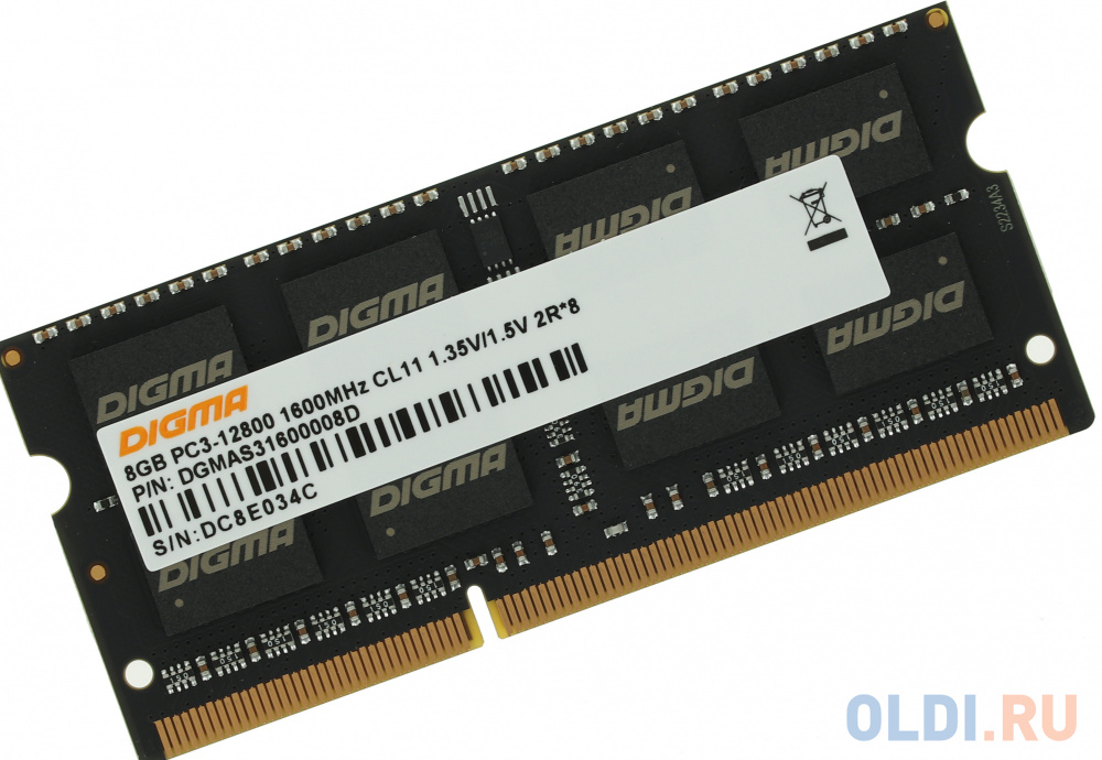 Оперативная память для ноутбука Digma DGMAS31600008D SO-DIMM 8Gb DDR3L 1600 MHz DGMAS31600008D