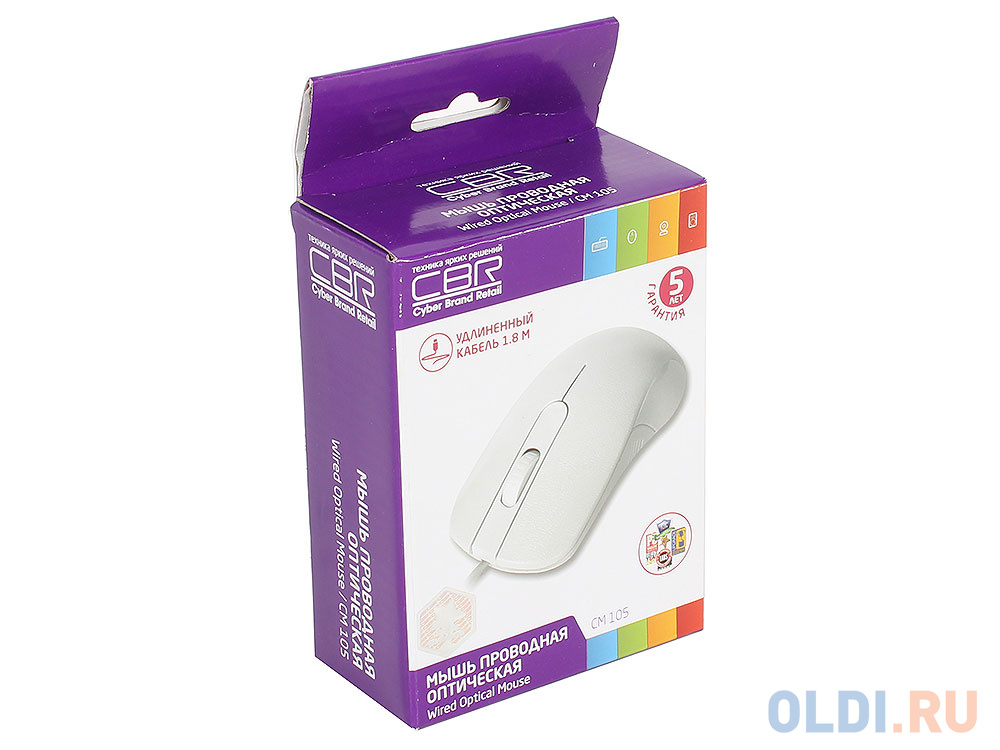 Мышь CBR CM 105 White, оптика, 1200dpi, офисн., провод 1,8м, USB