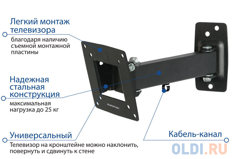 Кронштейн Kromax Optima-103 черный 10"-28" настенный от стены 68.5-225мм наклон +5°/-12° VESA 100х100мм до 25кг