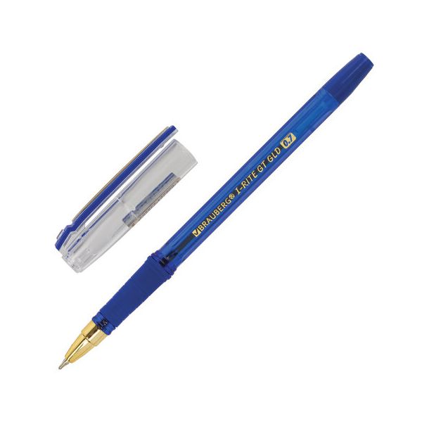 Ручка шариковая масляная с грипом BRAUBERG "i-Rite GT GLD", СИНЯЯ, корпус тонированный синий, узел 0,7 мм, 143302 (24 шт.)