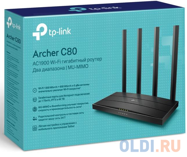 Беспроводной маршрутизатор TP-LINK Archer C80 802.11abgnac 1900Mbps 2.4 ГГц 5 ГГц 4xLAN черный