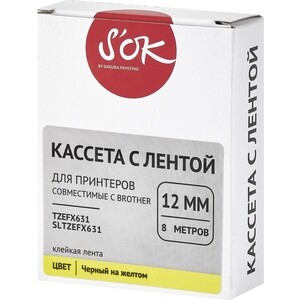 Кассета с лентой S'OK TZEFX631 для Brother, черный на желтом, 12мм/8м