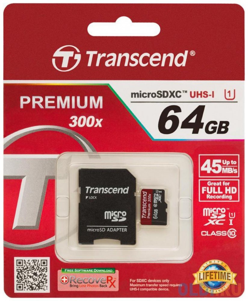 Карта памяти SDXC 64Gb Transcend UHS-I 300x Premium Class10 (TS64GSDU1)