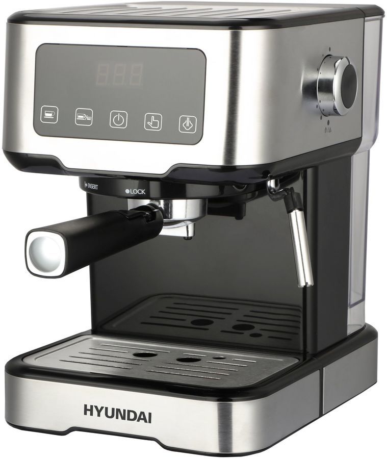 Кофеварка рожковая Hyundai HEM-4313, 1.1 кВт, кофе молотый, 1.5 л, Капучинатор, дисплей, черный/серебристый