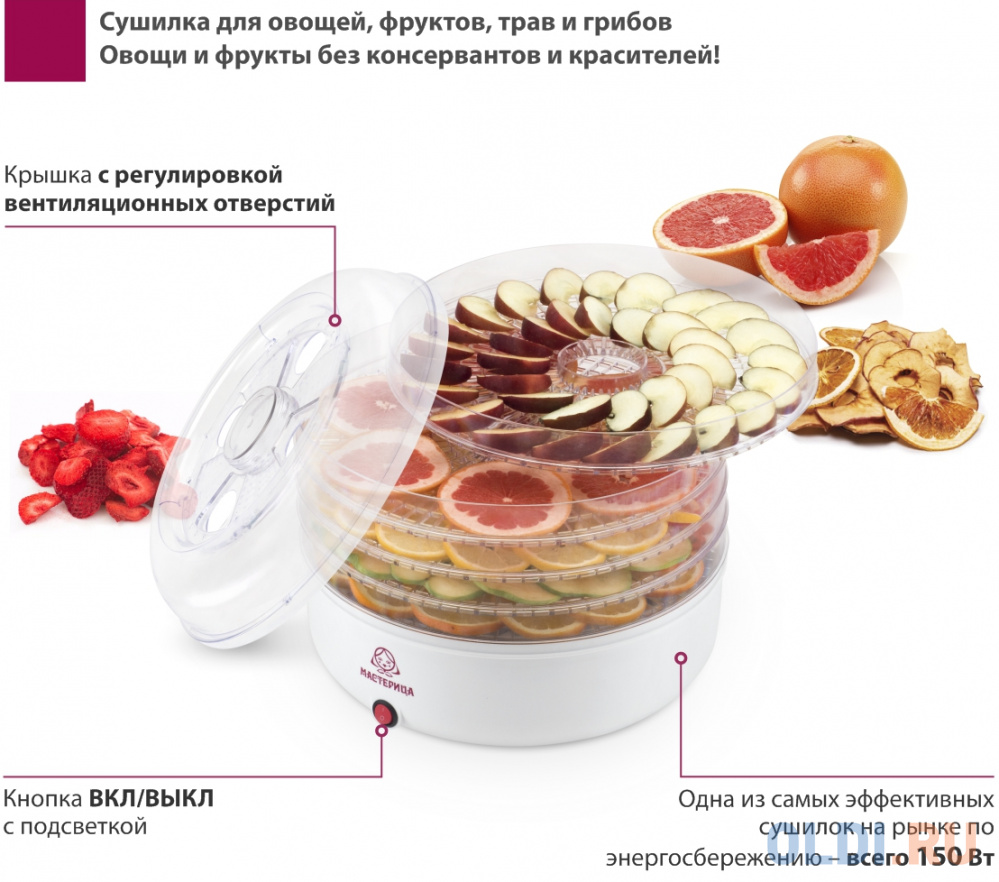 Сушилка для овощей и фруктов Мастерица СШ-0305 белый прозрачный