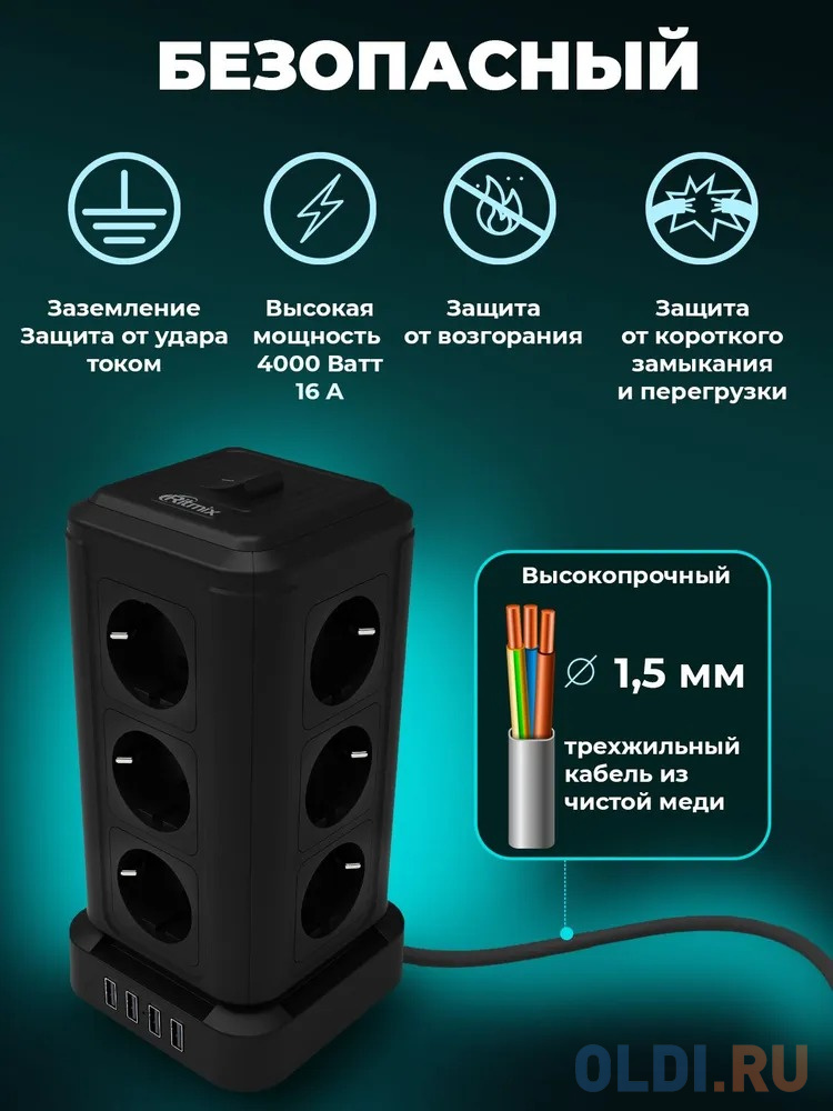 RITMIX RM-2124 White Сетевой фильтр с кнопкой питания {16А, 12 розеток, 4 выхода USB Type А 5 В, 3,1 А, 2 м } {80003362} в Москвe