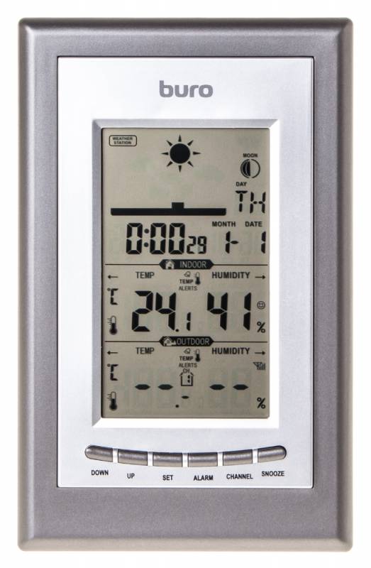 Метеостанция с беспроводным датчиком, температура в помещении / температура снаружи / влажность в помещении / влажность снаружи, серебристый, Buro H209G