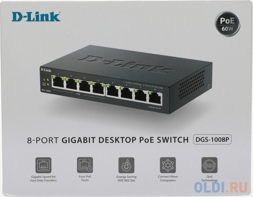 Коммутатор D-Link DGS-1008P/F1A 8G 4PoE+ 80W неуправляемый