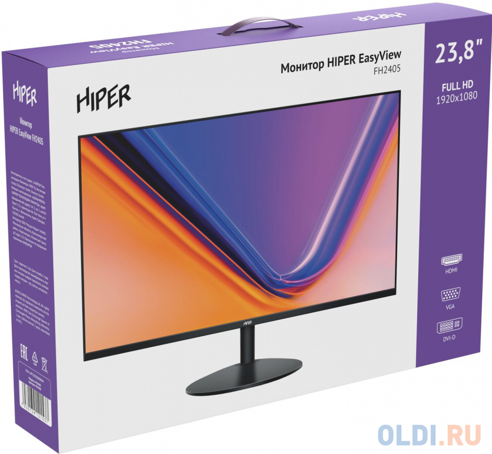 МОНИТОР 23.8" HIPER EasyView FH2405 (IPS, 1920x1080, 60Hz, 5 ms, 178°/178°, 250 cd/m, 1000:1, +VGA, +HDMI, +DVI) в Москвe