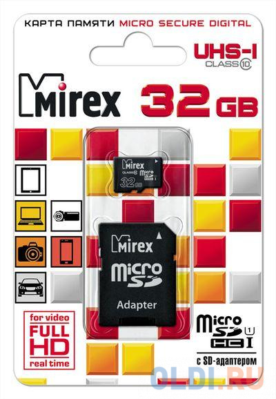 Флеш карта microSD 32GB Mirex microSDHC Class 10 UHS-I (SD адаптер) 13613-ADSUHS32