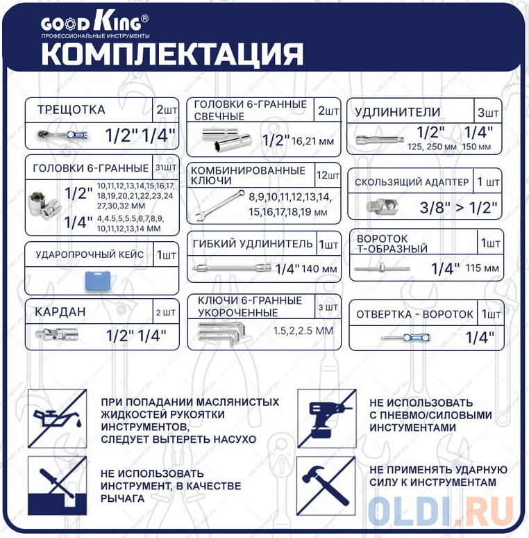 GOODKING Набор инструментов для автомобиля 61 предмет 1/4 1/2 трещотка 72 зуба B-10061 в Москвe