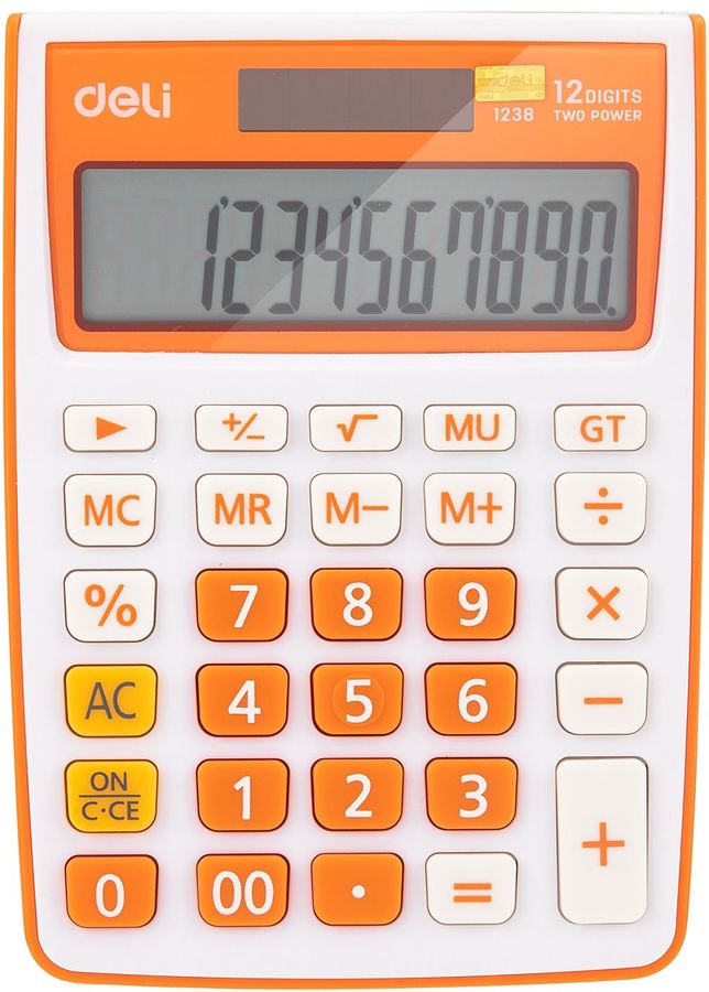 Калькулятор настольный DELI E1238/OR, 12-разрядный, однострочный экран, оранжевый (1189227)