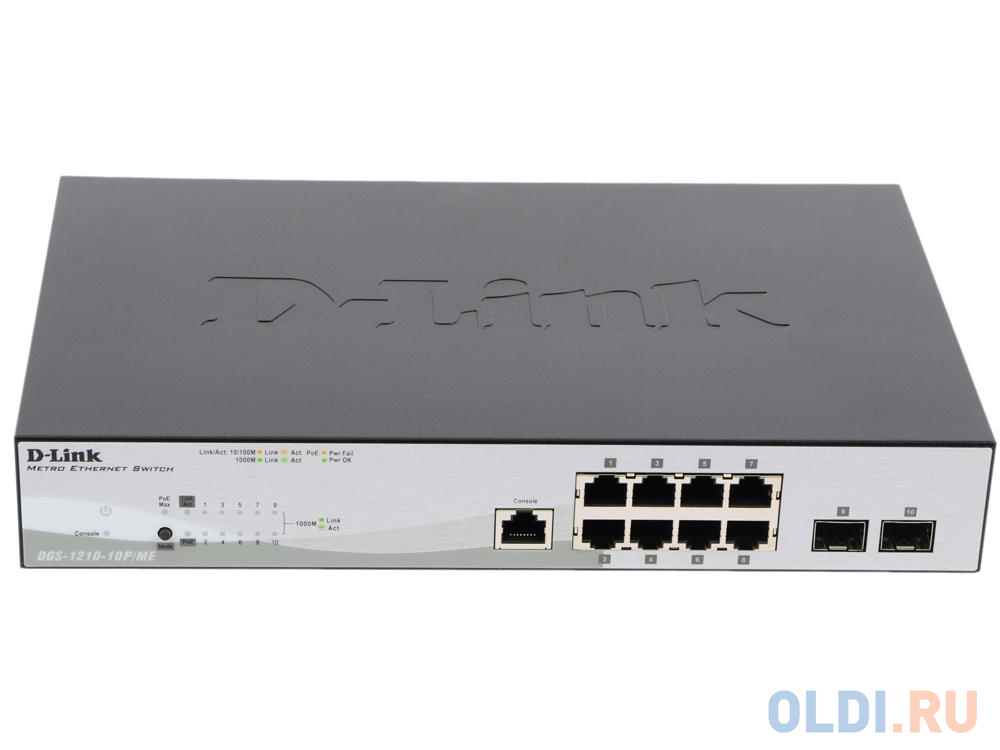 Коммутатор D-Link DGS-1210-10P/ME/A1A Управляемый коммутатор 2 уровня с 8 портами 10/100/1000Base-T и 2 портами 1000Base-X SFP (8 портов с поддержкой