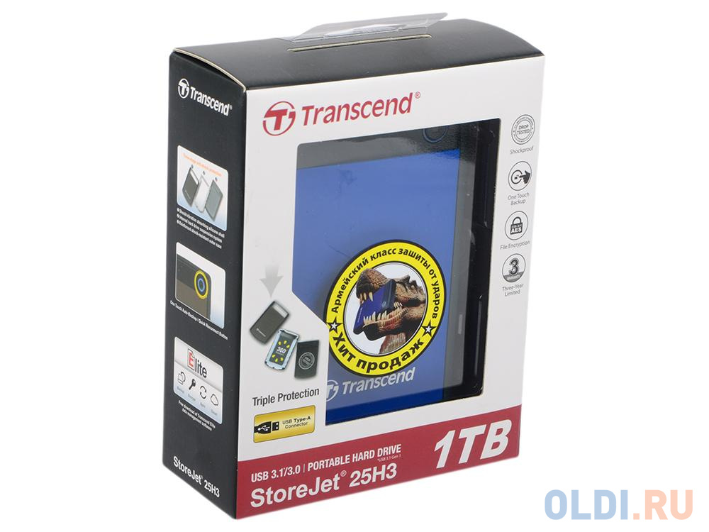 Внешний жесткий диск 1Tb Transcend TS1TSJ25H3B 2.5" USB 3.0 <Retail