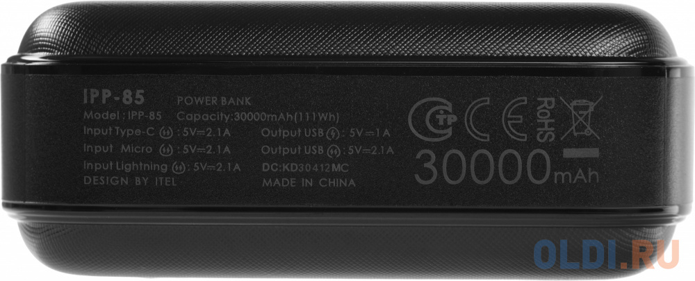 Внешний аккумулятор Power Bank 30000 мАч Itel IPP-85 черный