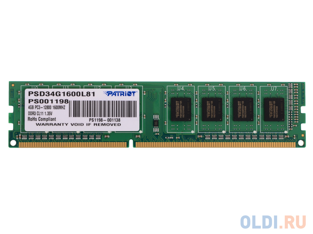 Оперативная память для компьютера Patriot PSD34G1600L81 DIMM 4Gb DDR3L 1600 MHz PSD34G1600L81