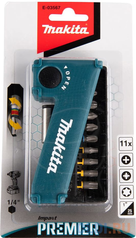 Makita E-03567 Набор 11шт,биты ударн PH1\\2\\3, PZ1\\2\\3, T15\\20\\25\\30,держ-ль магн