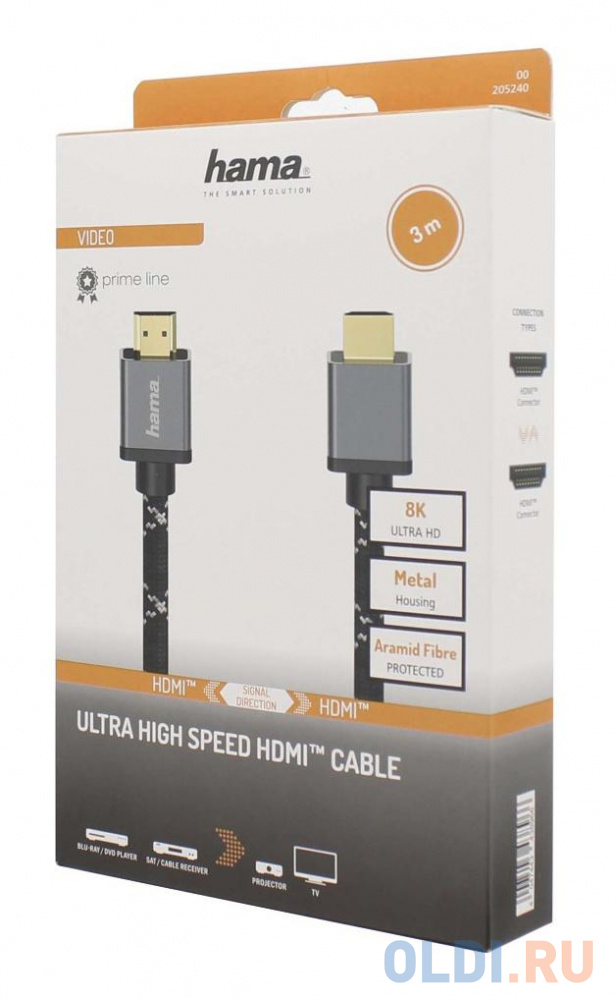 Кабель HDMI 3м HAMA H-205240 плоский черный/серый