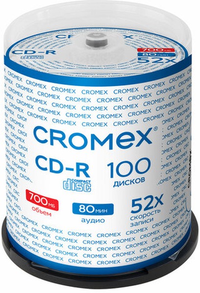 Диск CROMEX CD-R, 700Mb, 52x, Cake Box, 100 шт, Printable (513778)