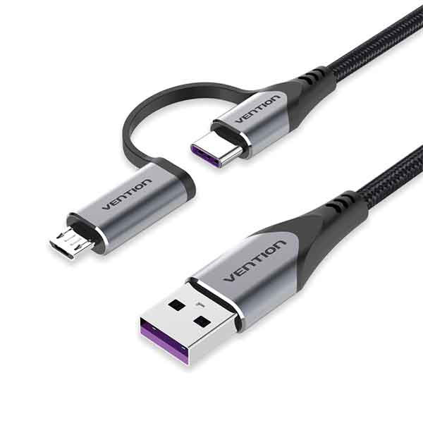 Кабель Vention USB 2.0 A Male to 2-in-1 USB-C&Micro-B Male 5A Cable 1M Gray Aluminum Alloy Type (CQFHF)